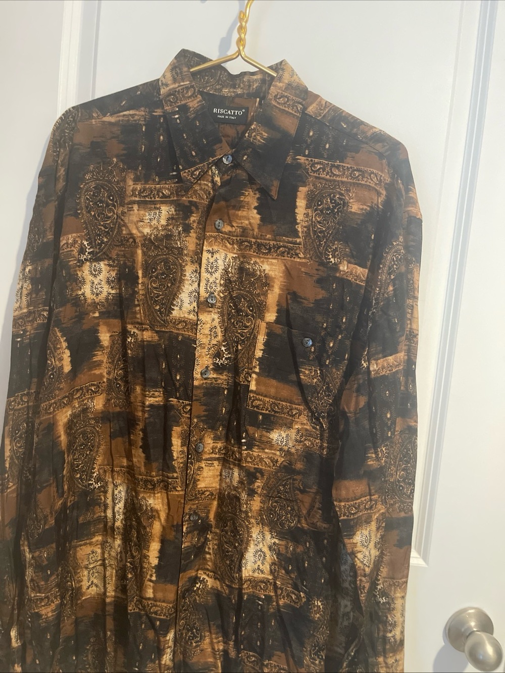 Men's Brown & Black Paisley Button-Up Shirt Riscatti L long sleeve 25P-P 34 L
